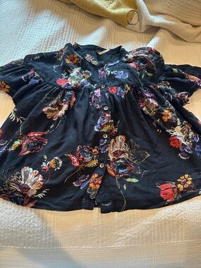 Free People Black Sheer Floral Button-Up Blouse